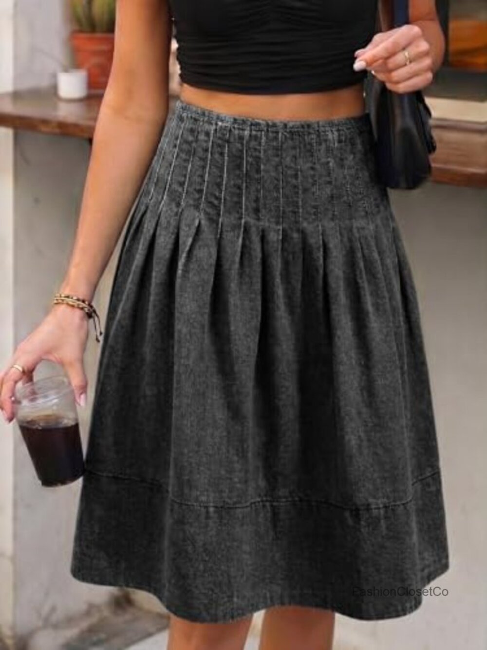 Womens Pleated Denim Midi Skirt High Waisted A-Line Knee Length Cotton Blend - Picture 2 of 6